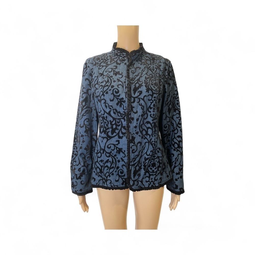 Chico’s Velvet Flocked Cotton Elegant Blue and Black Women's Jacket size 1
